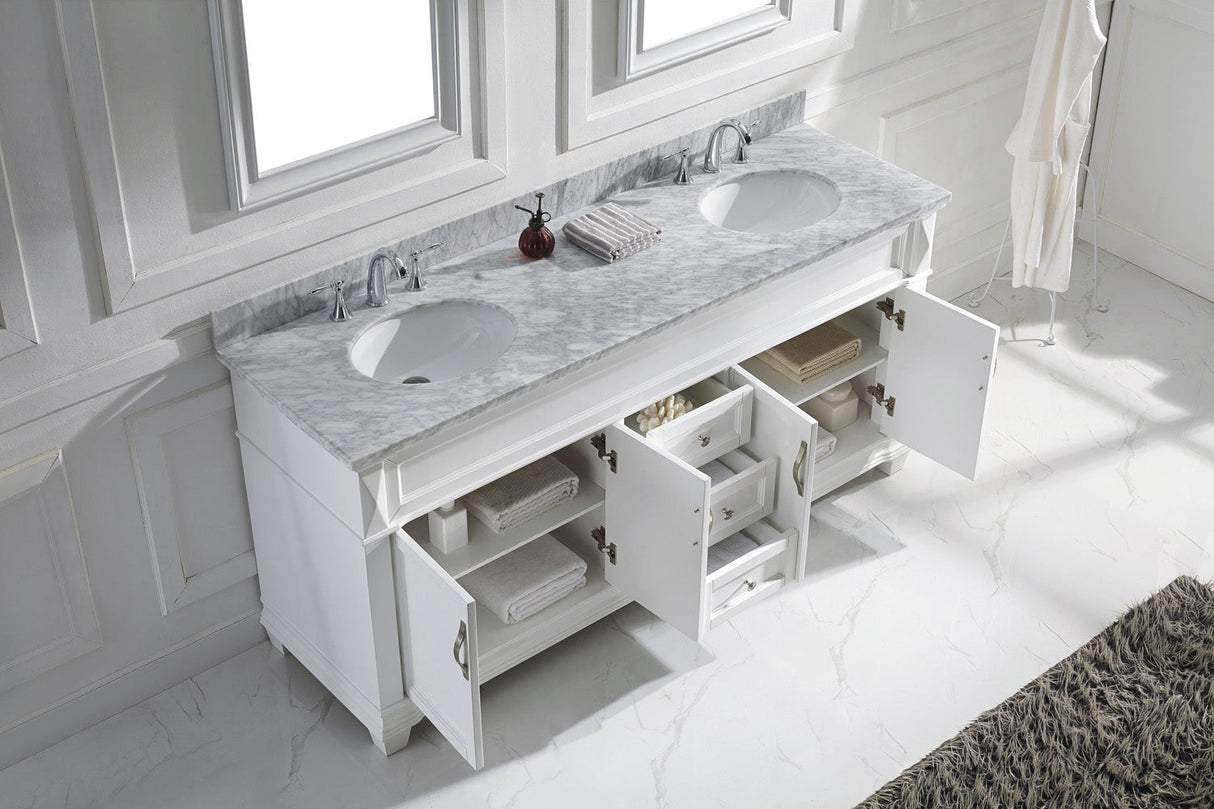 Virtu USA Victoria 72" Double Bath Vanity with White Marble Top and Round Sinks with Polished Chrome Faucets with Matching Mirror