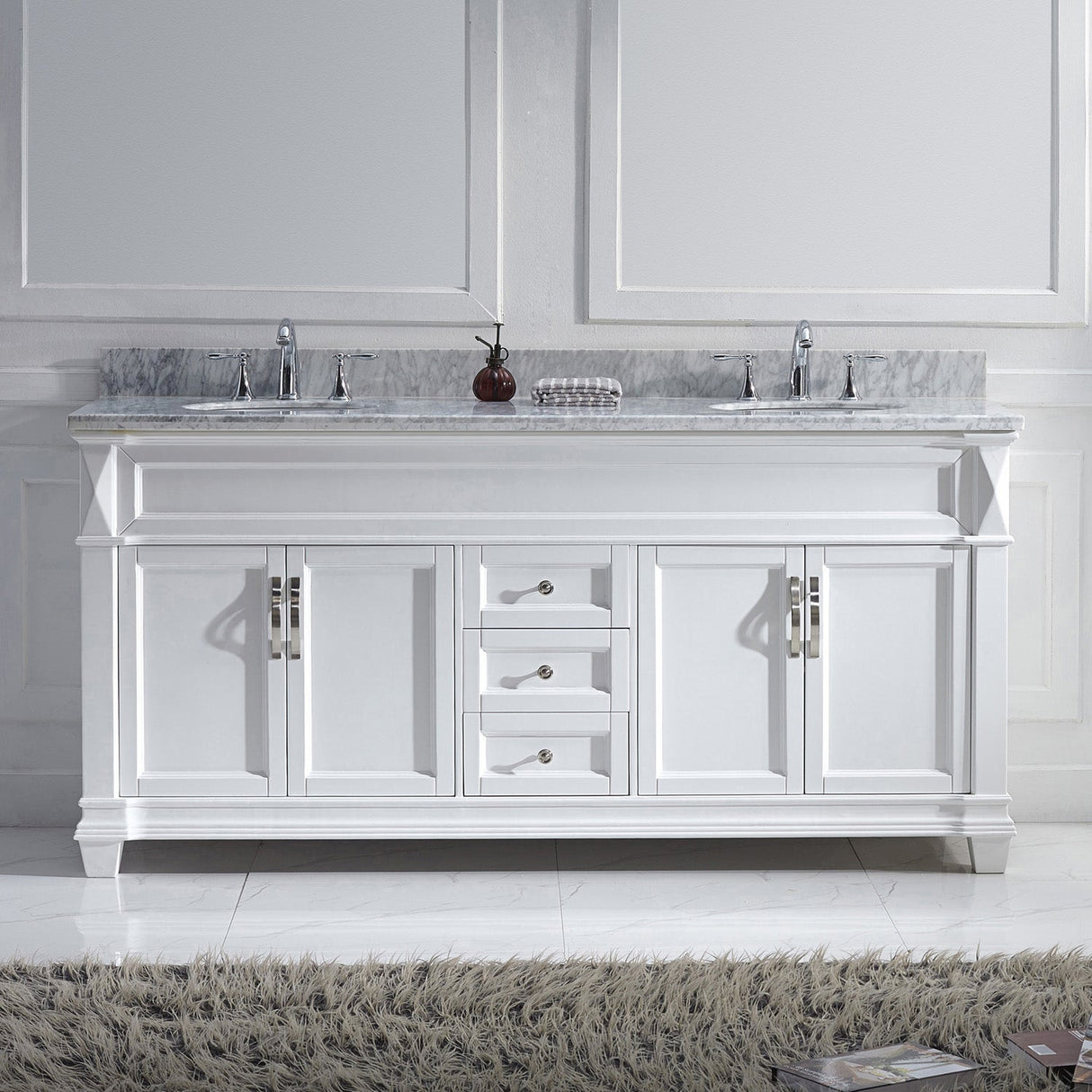 Virtu USA Victoria 72" Double Bath Vanity with White Marble Top and Round Sinks