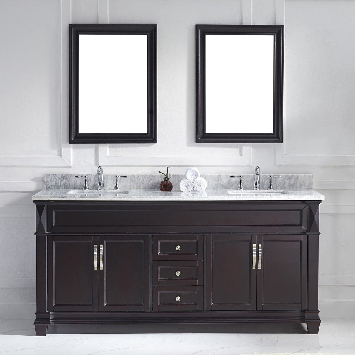 Virtu USA Victoria 72" Double Bath Vanity with White Marble Top and Square Sinks with Brushed Nickel Faucets with Matching Mirror