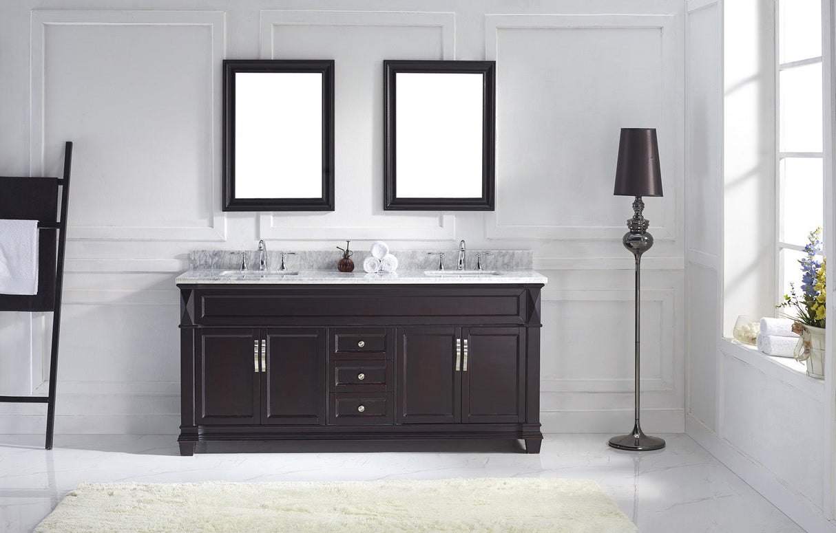 Virtu USA Victoria 72" Double Bath Vanity with White Marble Top and Square Sinks with Brushed Nickel Faucets with Matching Mirror