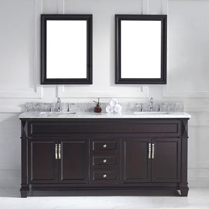 Virtu USA Victoria 72" Double Bath Vanity with White Marble Top and Square Sinks with Polished Chrome Faucets with Matching Mirror