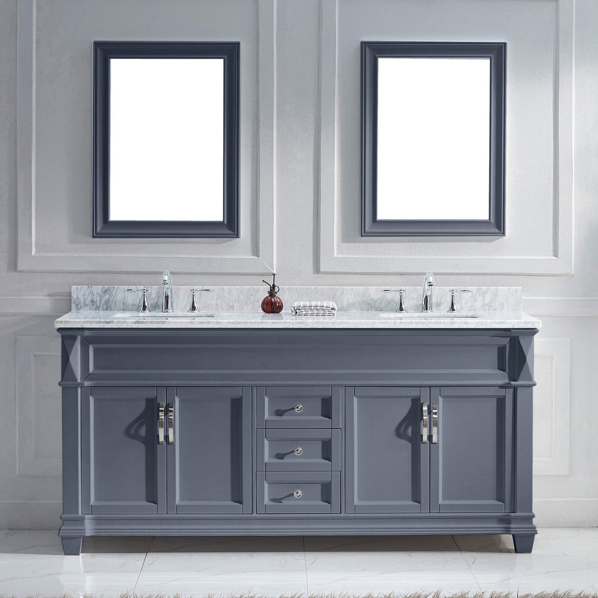 Virtu USA Victoria 72" Double Bath Vanity with White Marble Top and Square Sinks with Matching Mirror