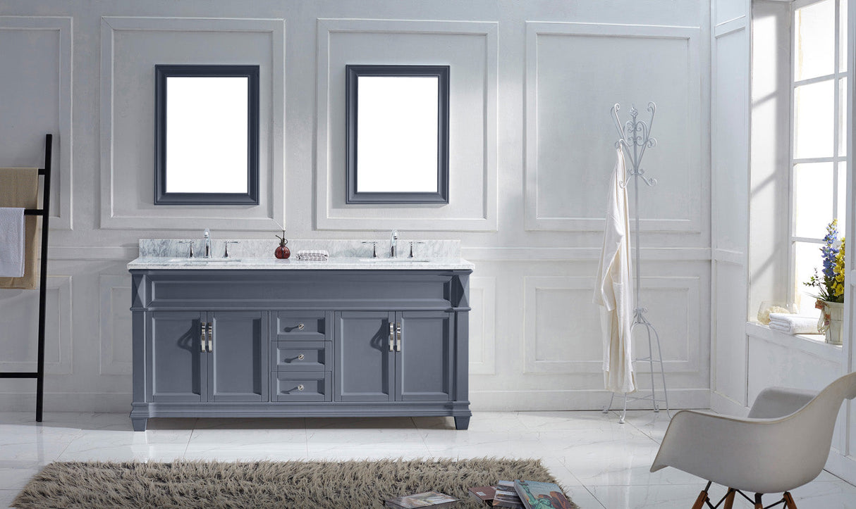 Virtu USA Victoria 72" Double Bath Vanity with White Marble Top and Square Sinks with Matching Mirror