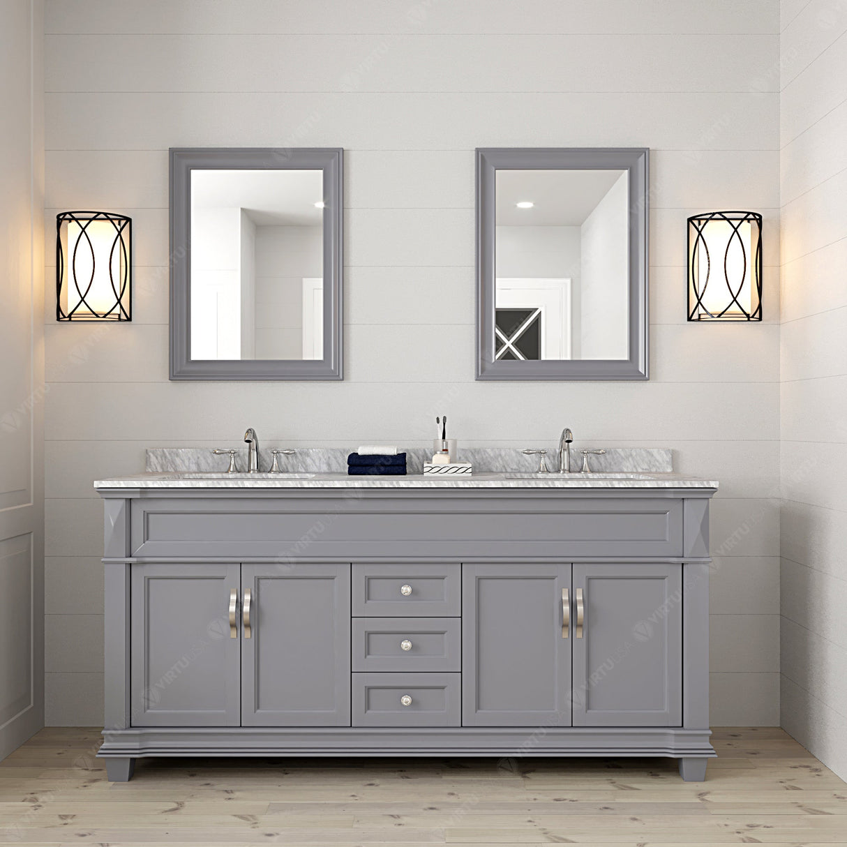 Virtu USA Victoria 72" Double Bath Vanity with White Marble Top and Square Sinks with Matching Mirror