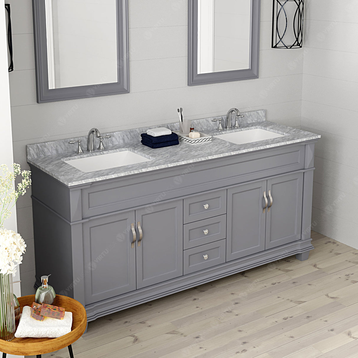 Virtu USA Victoria 72" Double Bath Vanity with White Marble Top and Square Sinks with Matching Mirror