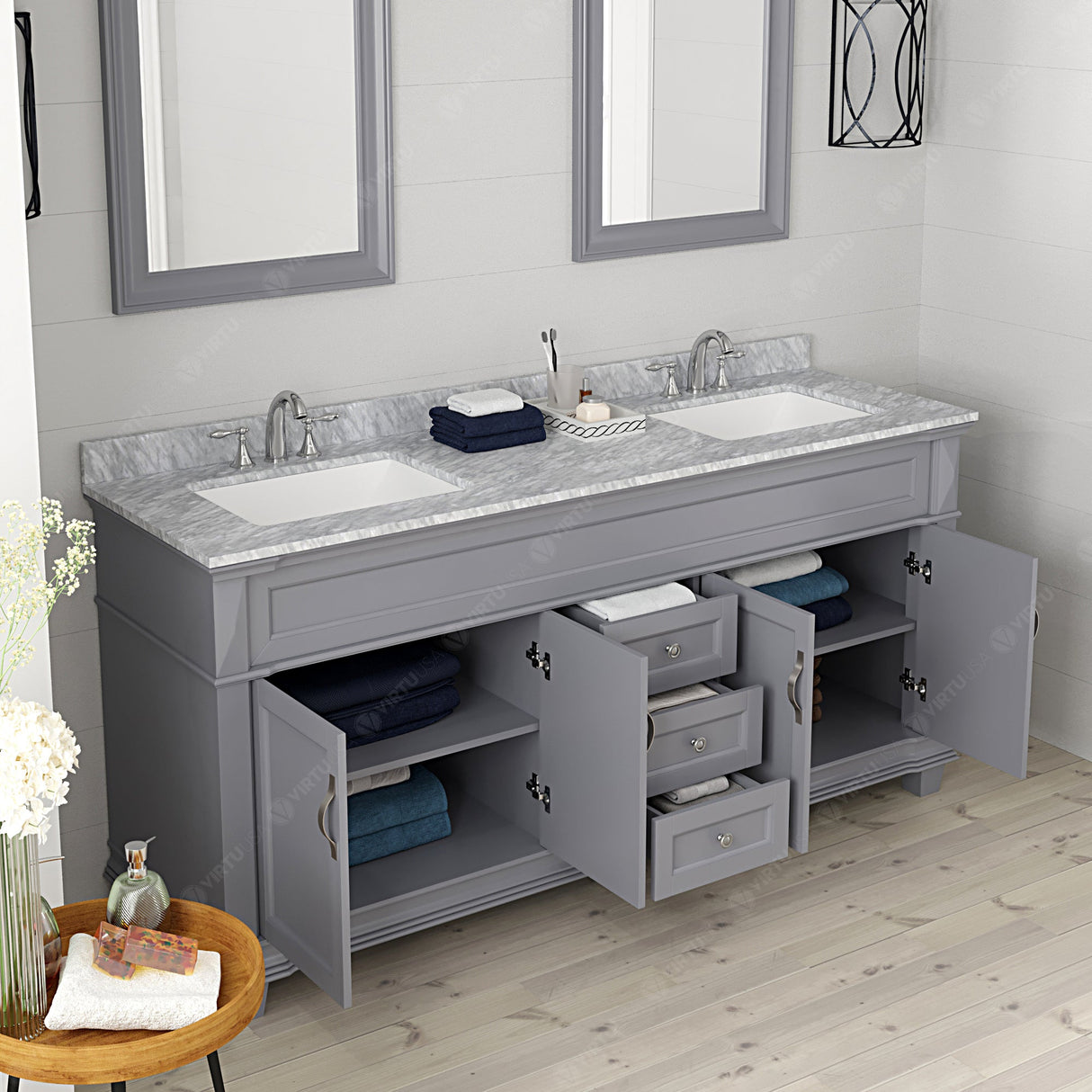 Virtu USA Victoria 72" Double Bath Vanity with White Marble Top and Square Sinks with Matching Mirror