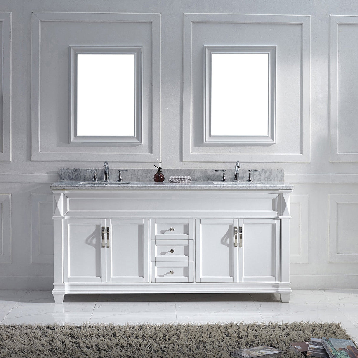 Virtu USA Victoria 72" Double Bath Vanity with White Marble Top and Square Sinks with Brushed Nickel Faucets with Matching Mirror