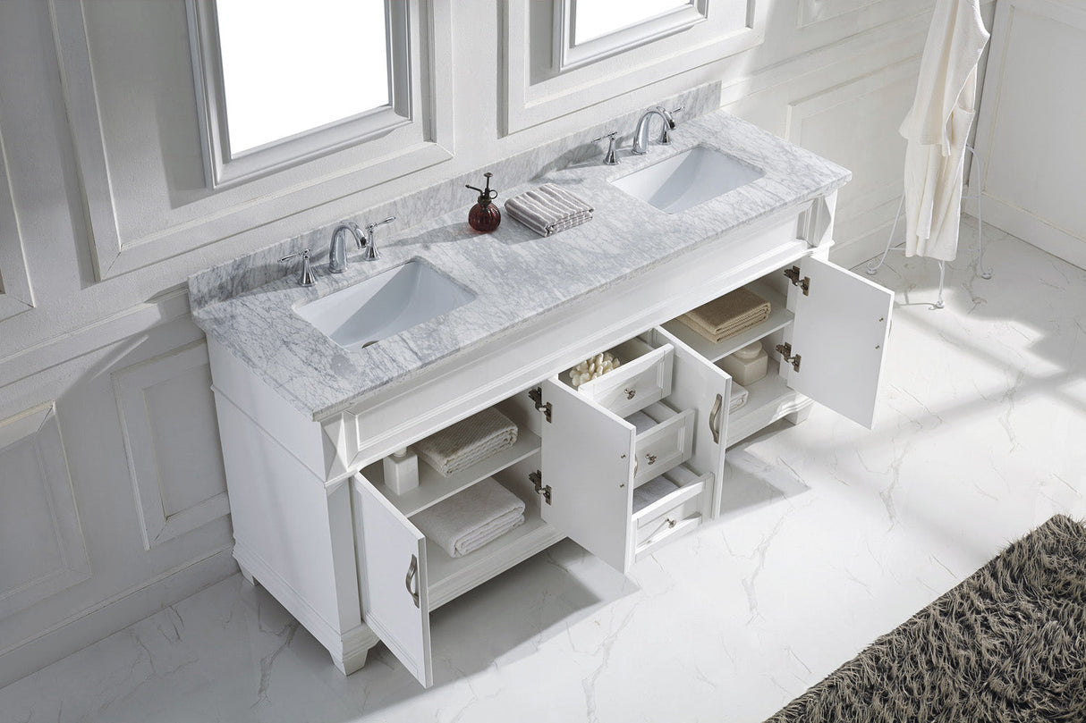 Virtu USA Victoria 72" Double Bath Vanity with White Marble Top and Square Sinks with Brushed Nickel Faucets with Matching Mirror