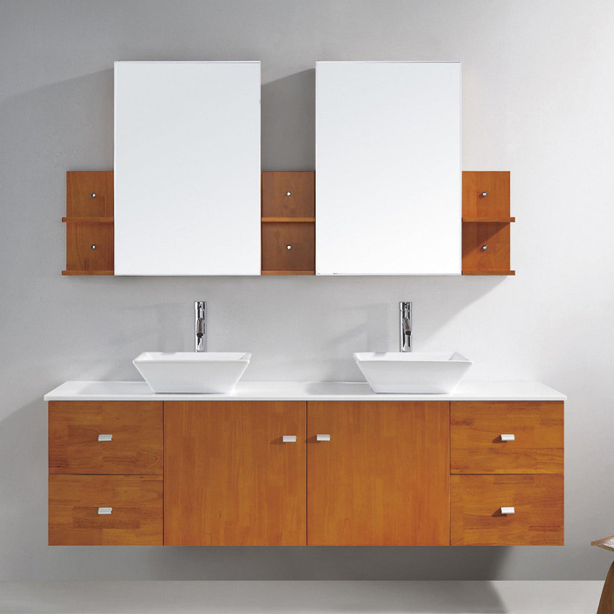 Virtu USA Clarissa 72" Double Bath Vanity in Honey Oak with White Engineered Stone Top and Square Sinks with Brushed Nickel Faucets with Matching Mirror