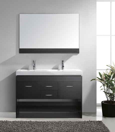 Virtu USA Gloria 48" Double Bath Vanity with White Ceramic Top and Integrated Square Sinks with Brushed Nickel Faucets with Matching Mirror