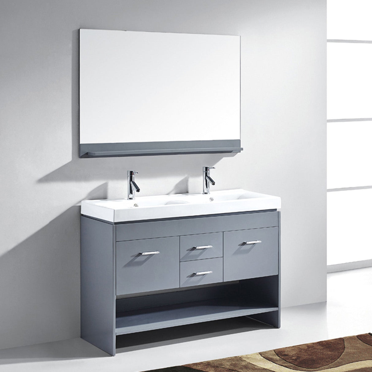 Virtu USA Gloria 48" Double Bath Vanity with White Ceramic Top and Integrated Square Sinks with Brushed Nickel Faucets with Matching Mirror