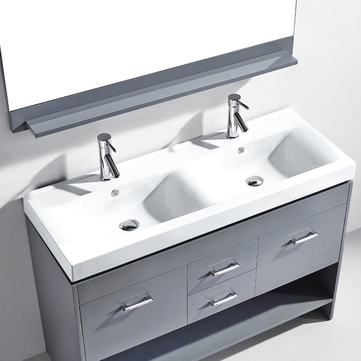 Virtu USA Gloria 48" Double Bath Vanity with White Ceramic Top and Integrated Square Sinks with Brushed Nickel Faucets with Matching Mirror