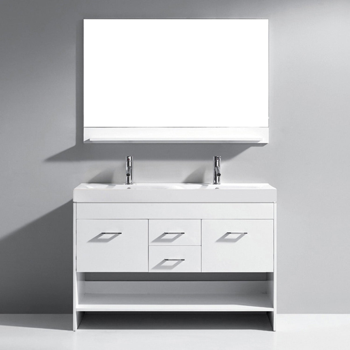 Virtu USA Gloria 48" Double Bath Vanity with White Ceramic Top and Integrated Square Sinks with Brushed Nickel Faucets with Matching Mirror