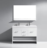 Virtu USA Gloria 48" Double Bath Vanity with White Ceramic Top and Integrated Square Sinks with Brushed Nickel Faucets with Matching Mirror