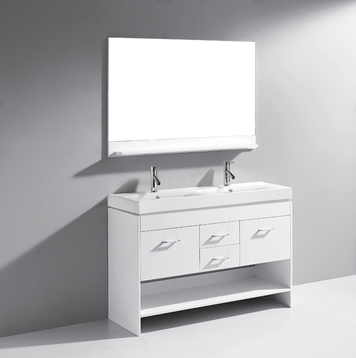 Virtu USA Gloria 48" Double Bath Vanity with White Ceramic Top and Integrated Square Sinks with Brushed Nickel Faucets with Matching Mirror