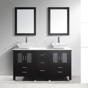 Virtu USA Bradford 60" Double Bath Vanity with White Engineered Stone Top and Square Sinks with Brushed Nickel Faucets with Matching Mirror
