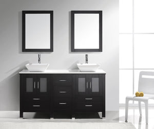 Virtu USA Bradford 60" Double Bath Vanity with White Engineered Stone Top and Square Sinks with Brushed Nickel Faucets with Matching Mirror