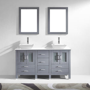 Virtu USA Bradford 60" Double Bath Vanity with White Engineered Stone Top and Square Sinks with Brushed Nickel Faucets with Matching Mirror