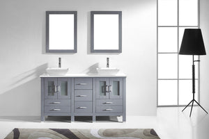Virtu USA Bradford 60" Double Bath Vanity with White Engineered Stone Top and Square Sinks with Brushed Nickel Faucets with Matching Mirror