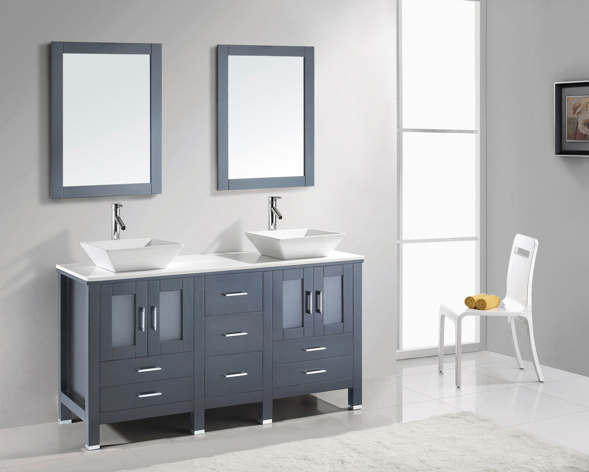 Virtu USA Bradford 60" Double Bath Vanity with White Engineered Stone Top and Square Sinks with Matching Mirror