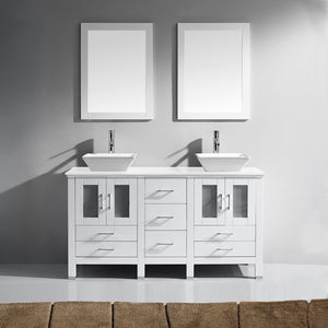 Virtu USA Bradford 60" Double Bath Vanity in White with White Engineered Stone Top and Square Sinks with Brushed Nickel Faucets with Matching Mirror
