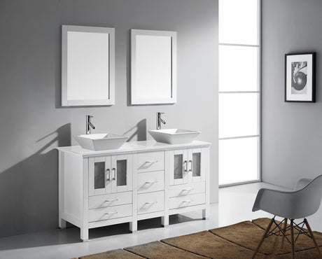 Virtu USA Bradford 60" Double Bath Vanity in White with White Engineered Stone Top and Square Sinks with Brushed Nickel Faucets with Matching Mirror