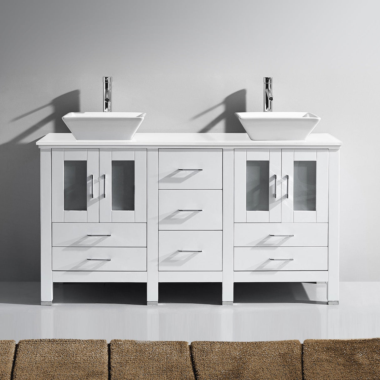 Virtu USA Bradford 60" Double Bath Vanity in White with White Engineered Stone Top and Square Sinks with Brushed Nickel Faucets