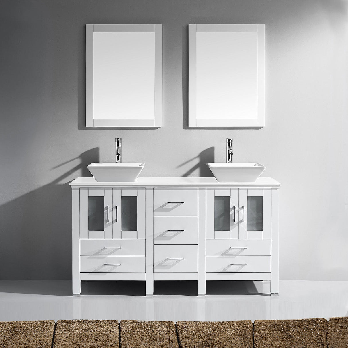 Virtu USA Bradford 60" Double Bath Vanity in White with White Engineered Stone Top and Square Sinks with Brushed Nickel Faucets