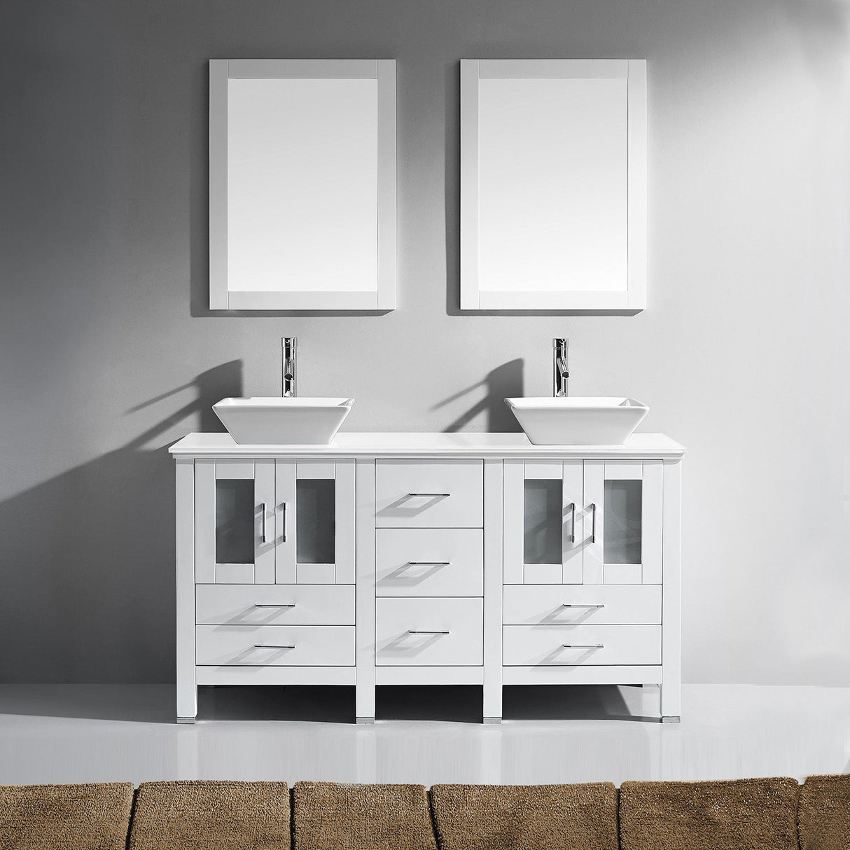 Virtu USA Bradford 60" Double Bath Vanity with White Engineered Stone Top and Square Sinks with Matching Mirror