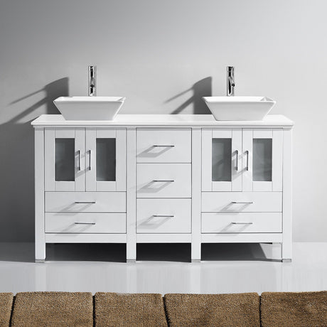 Virtu USA Bradford 60" Double Bath Vanity in White with White Engineered Stone Top and Square Sinks