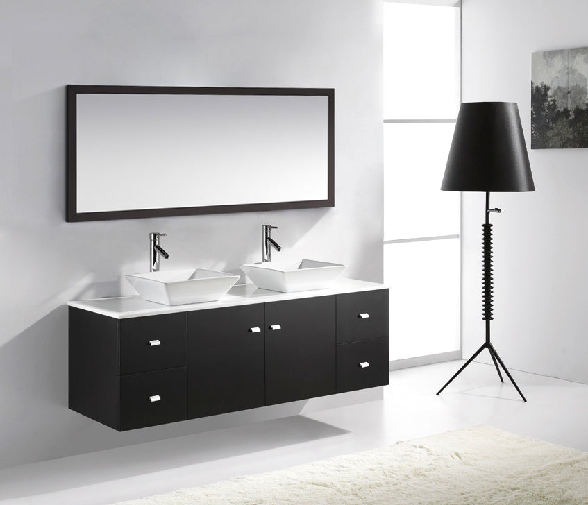 Virtu USA Clarissa 61" Double Bath Vanity with White Engineered Stone Top and Square Sinks with Brushed Nickel Faucets with Matching Mirror