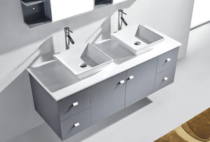 Virtu USA Clarissa 61" Double Bath Vanity with White Engineered Stone Top and Square Sinks with Matching Mirror