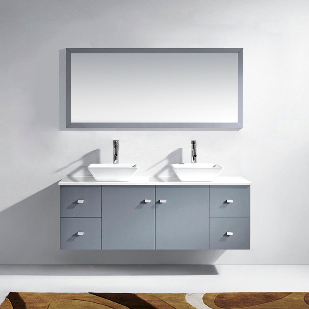 Virtu USA Clarissa 61" Double Bath Vanity with White Engineered Stone Top and Square Sinks with Brushed Nickel Faucets with Matching Mirror