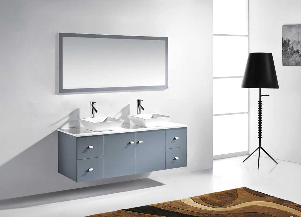 Virtu USA Clarissa 61" Double Bath Vanity with White Engineered Stone Top and Square Sinks with Brushed Nickel Faucets with Matching Mirror