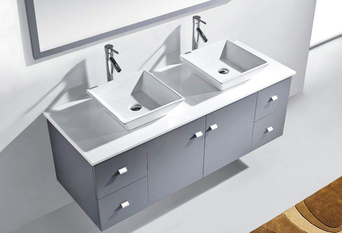 Virtu USA Clarissa 61" Double Bath Vanity with White Engineered Stone Top and Square Sinks with Brushed Nickel Faucets with Matching Mirror