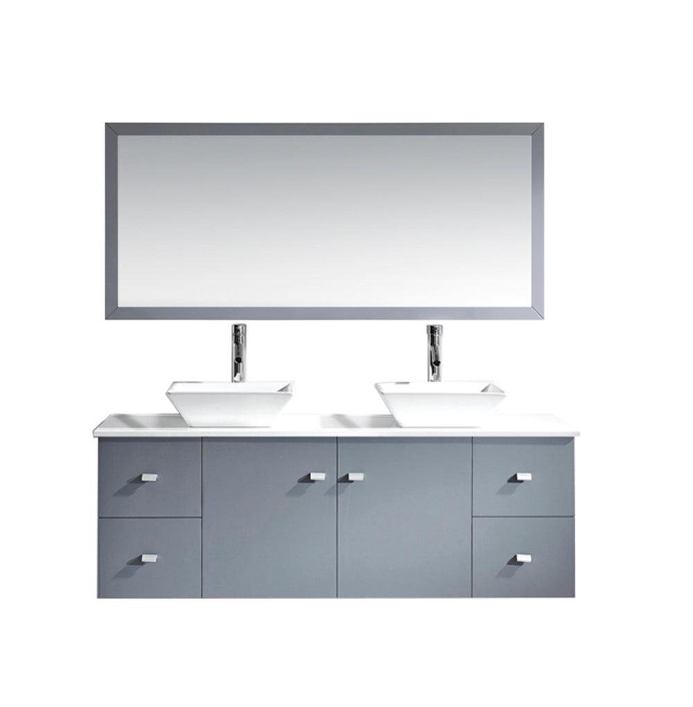 Virtu USA Clarissa 61" Double Bath Vanity with White Engineered Stone Top and Square Sinks with Brushed Nickel Faucets with Matching Mirror - Luxe Bathroom Vanities