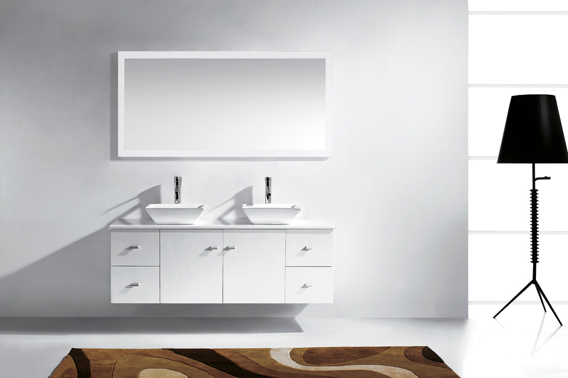 Virtu USA Clarissa 61" Double Bath Vanity with White Engineered Stone Top and Square Sinks with Brushed Nickel Faucets with Matching Mirror