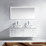 Virtu USA Clarissa 61" Double Bath Vanity with White Engineered Stone Top and Square Sinks with Brushed Nickel Faucets with Matching Mirror