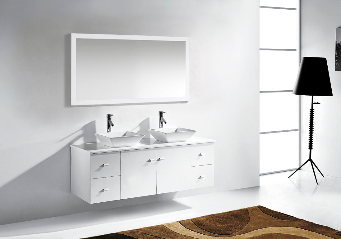 Virtu USA Clarissa 61" Double Bath Vanity with White Engineered Stone Top and Square Sinks with Brushed Nickel Faucets with Matching Mirror