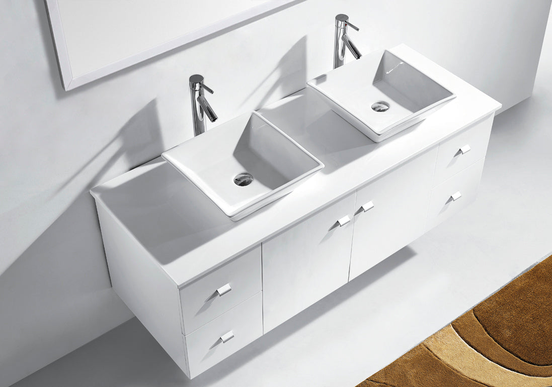 Virtu USA Clarissa 61" Double Bath Vanity with White Engineered Stone Top and Square Sinks with Brushed Nickel Faucets with Matching Mirror