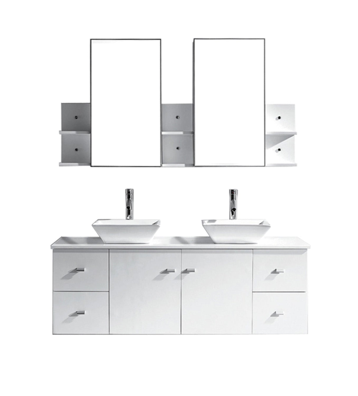 Virtu USA Clarissa 61" Double Bath Vanity with White Engineered Stone Top and Square Sink with Polished Chrome Faucet and Mirrors - Luxe Bathroom Vanities