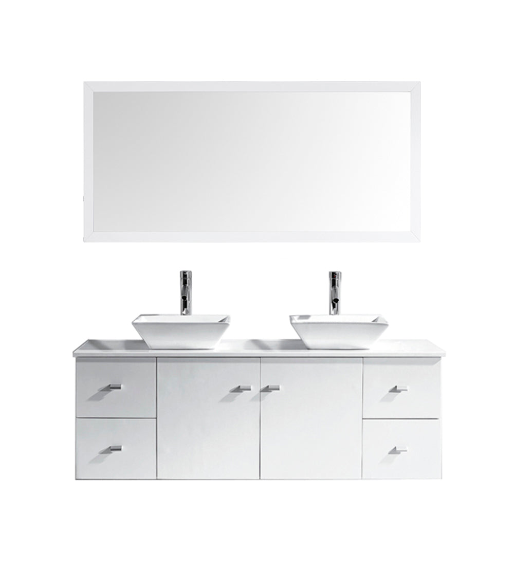 Virtu USA Clarissa 61" Double Bath Vanity with White Engineered Stone Top and Square Sinks with Brushed Nickel Faucets with Matching Mirror - Luxe Bathroom Vanities