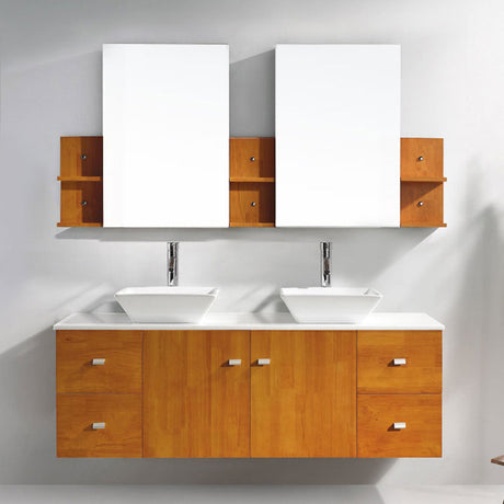 Virtu USA Clarissa 61" Double Bath Vanity in Honey Oak with White Engineered Stone Top and Square Sinks with Matching Mirror