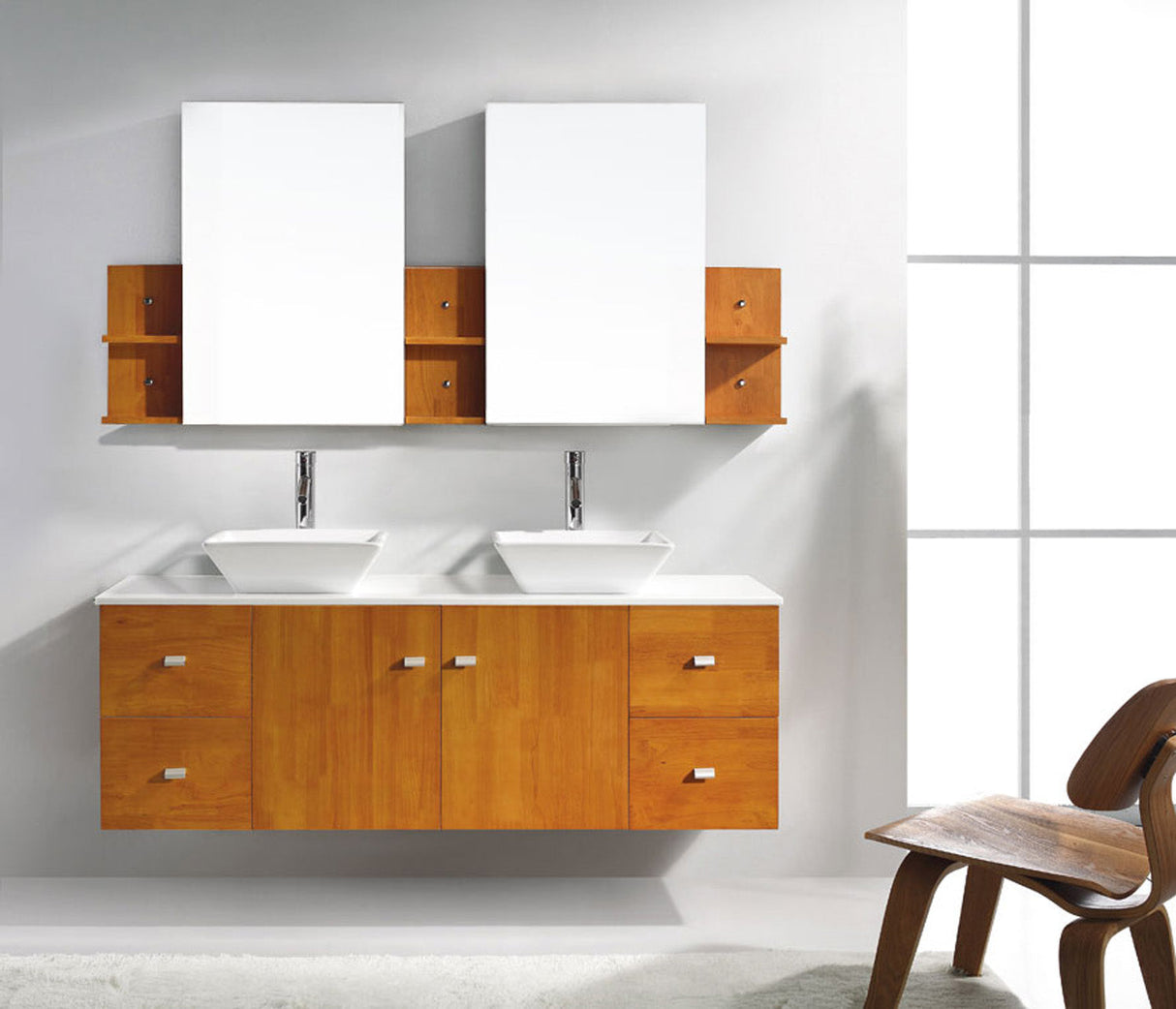 Virtu USA Clarissa 61" Double Bath Vanity in Honey Oak with White Engineered Stone Top and Square Sinks with Matching Mirror