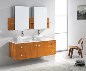 Virtu USA Clarissa 61" Double Bath Vanity in Honey Oak with White Engineered Stone Top and Square Sinks with Matching Mirror