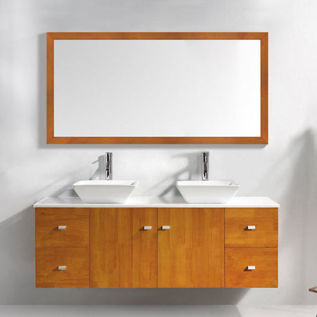 Virtu USA Clarissa 61" Double Bath Vanity in Honey Oak with White Engineered Stone Top and Square Sinks with Brushed Nickel Faucets with Matching Mirror