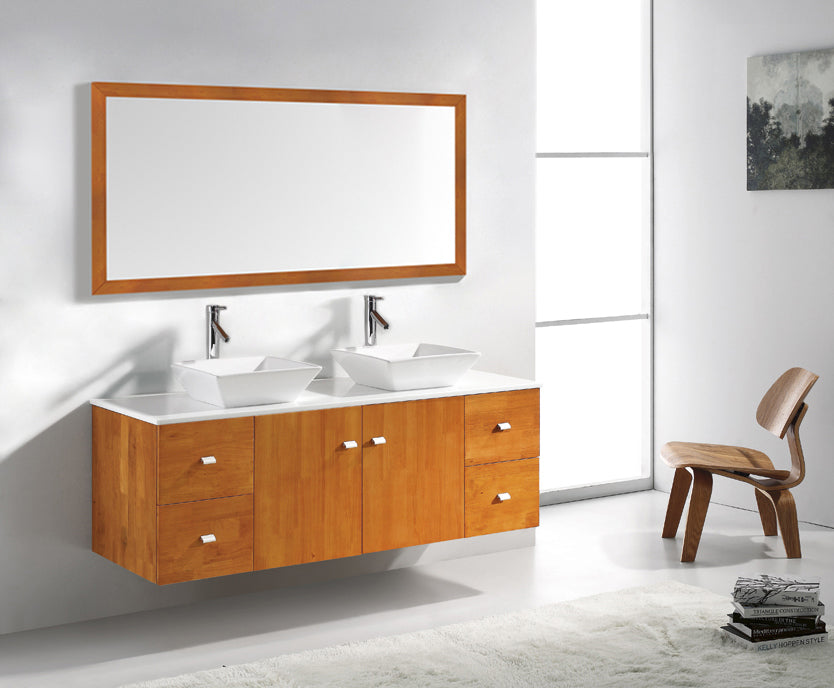 Virtu USA Clarissa 61" Double Bath Vanity in Honey Oak with White Engineered Stone Top and Square Sinks with Brushed Nickel Faucets with Matching Mirror