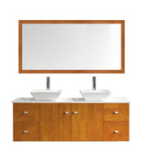 Virtu USA Clarissa 61" Double Bath Vanity in Honey Oak with White Engineered Stone Top and Square Sinks with Brushed Nickel Faucets with Matching Mirror - Luxe Bathroom Vanities