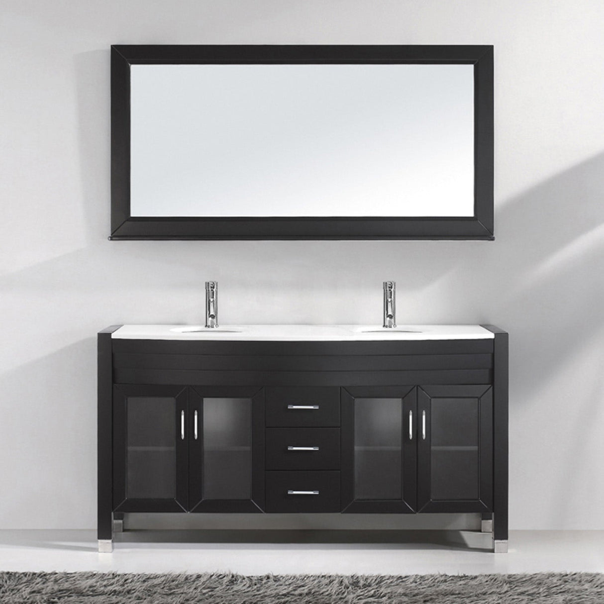 Virtu USA Ava 63" Double Bath Vanity with White Engineered Stone Top and Round Sinks with Brushed Nickel Faucets with Matching Mirror