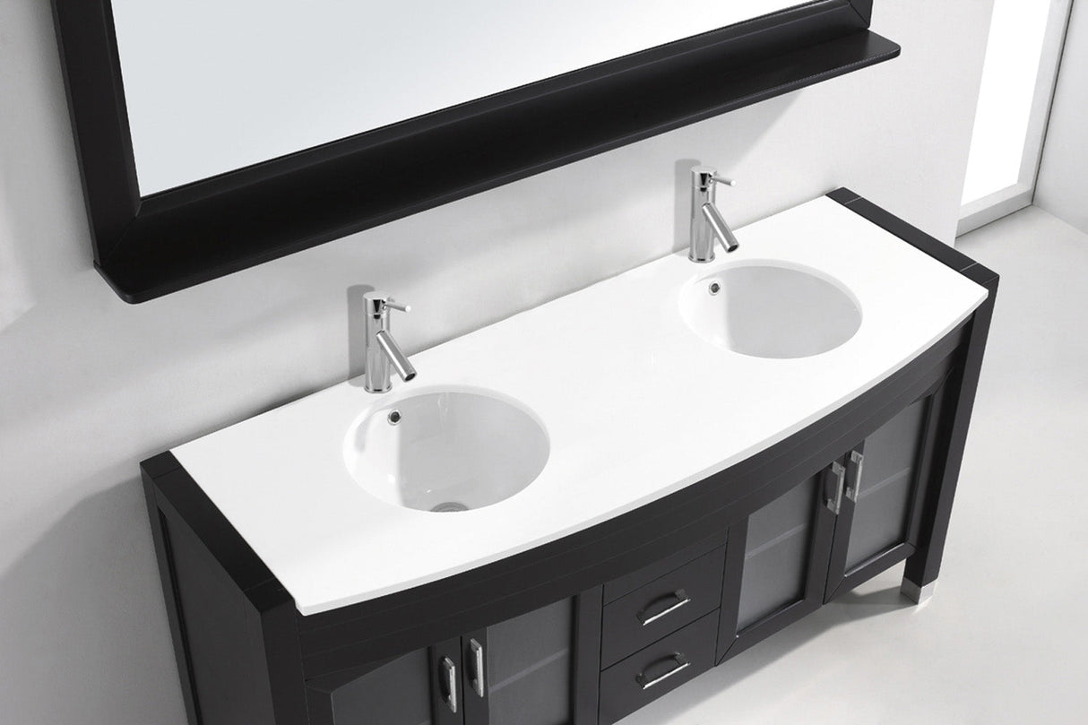 Virtu USA Ava 63" Double Bath Vanity with White Engineered Stone Top and Round Sinks with Brushed Nickel Faucets with Matching Mirror